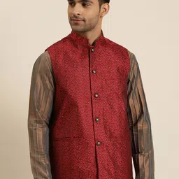 Sojanya Men Red & Black Jacquard Woven Design Nehru Jacket-picture-25