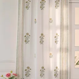peepul tree Jaipuri Hand Block Print Cotton with Floral Border Taupe & Olive Green 1Pc (5ft) Window Sheer Curtain-picture-37