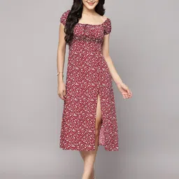 Women A-line Maroon, White Midi/Calf Length Dress-image-17