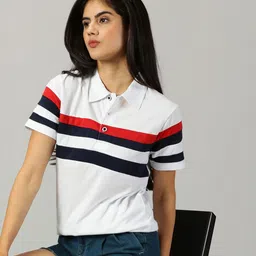ausk Women Striped Polo Neck Cotton Blend White, Blue T-Shirt-picture-48