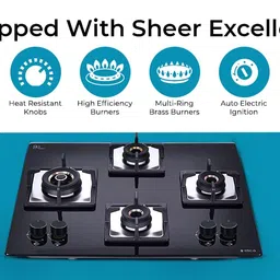 Elica Hob 4 Burner Auto Ignition Glass Top - 3 Mini Triple Ring Brass Burner and 1 Double Ring Brass Gas Stove (Flexi AB HCT 460) image 2