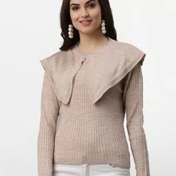 Miramor Women Beige Solid Ribbed Pullover-picture-26