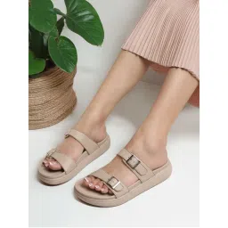Carlton London Women Beige Double Buckle Slide Comfort Sandals-picture-10
