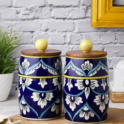 vareesha Blue White Floral Dholak Ceramic Jars Set of Two image 1