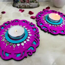 Decorative Tealight Candle Holders Metal Ornate Filigree Design Mirror Accents Wooden 2 - Cup Tealight Holder Set-image-63
