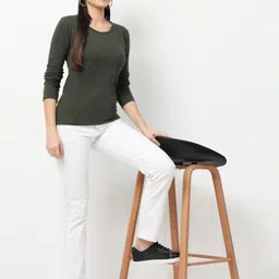 wafaa Women Solid Round Neck Pure Cotton Green T-Shirt image 5