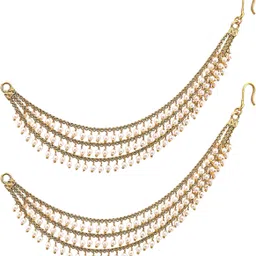 divastri Pearl Bahubali Golden Jhumki Jhumkas Ear Chains Hair Accessory Pearl Copper, Brass Drops & Danglers, Earring Set, Clip-on Earring-picture-10