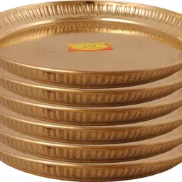 shivshakti arts Pure Brass Dinner Plate | Thali Set for Pooja & Serving Purpose - Designer (Engraved Flower Design, 8 Inch) - 6 Piece Half Plate image 1