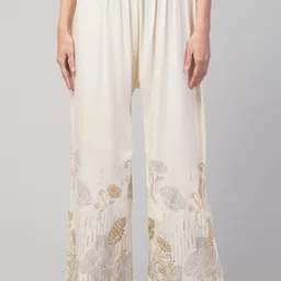 Women Relaxed Cream Crepe Trousers-image-0