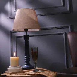 the decor mart Gothic E27 Holder Wooden Base Table Lamp (Blue Base) with Fabric Shade (Beige) image 5