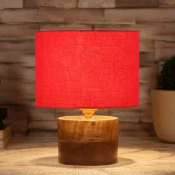 Red Shade Table Lamp With Wood Base By New Era image 1