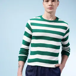 glitchez Men Striped Round Neck White Sweater image 3