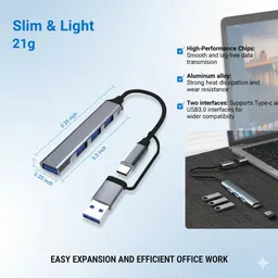 Inner USB/Type-C 3.0 4 Port Multi USB Hub, Slim High Speed 4-Port Data Transmission Hub | High-Speed Chips & Durable Aluminum Build" USB Hub image 3