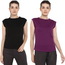 ap'pulse Pack of 2 Women Solid Round Neck Pure Cotton Purple, Black T-Shirt-picture-11