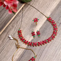 ZENEME Green & Red Gold Plated American Diamond Studded Jewellery Set-picture-33