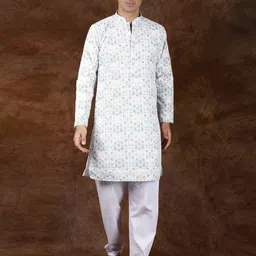 Exotic India Ethnic Motifs Regular Thread Work Pure Cotton Straight Kurta with Pyjamas image 1