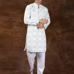 Exotic India Ethnic Motifs Regular Thread Work Pure Cotton Straight Kurta with Pyjamas image 3