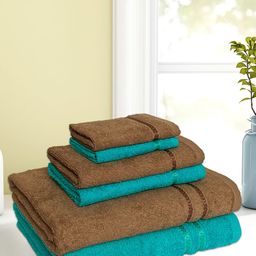 SPACES Set of 6 Sea Green & Tan Brown Solid Pure Cotton 380 GSM Towel Set-picture-47