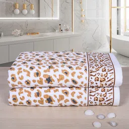 RANGOLI White & Brown Set Of 2 Leopard Print 500 GSM Pure Cotton Bath Towel image 5