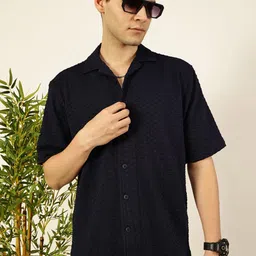 Thomas Scott Men Premium Cuban Collar Textured Cotton Relaxed Fit Casual Shirt image 1