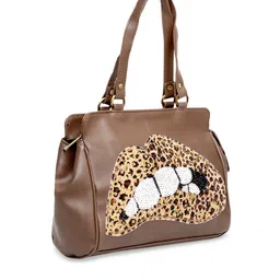 Pink Potato Brown Embellished Structured Leatherette Handheld Bag image 2