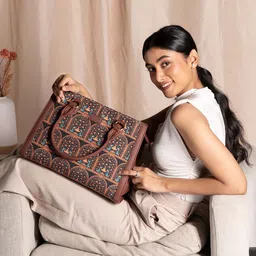 ZOUK Ethnic Motifs Printed Structured Jute Handheld Bag image 1