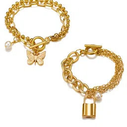 Jewels Galaxy Women Set of 2 Gold-Plated & White Link Bracelet image 1