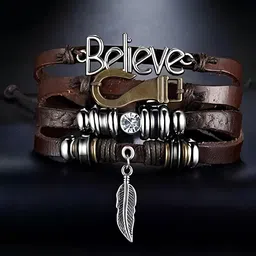 KARISHMA KREATIONS Men Leather Silver-Plated Multistrand Bracelet-picture-22