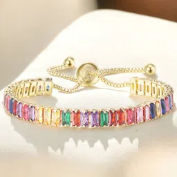 Jewels Galaxy Gold Plated Rectangular Cut Cubic Zirconia Matrix Tennis Bracelet-picture-45