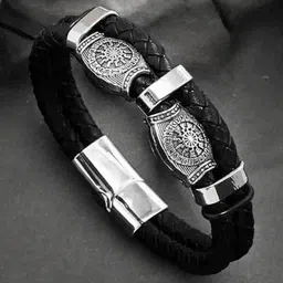 KARISHMA KREATIONS Unisex Leather Silver-Plated Wraparound Bracelet-picture-29