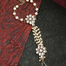 KARATCART Women Gold-Plated White Kundan & Pearls Ring Bracelet-picture-33