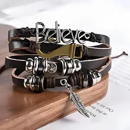 KARISHMA KREATIONS Men Leather Silver-Plated Multistrand Bracelet-picture-21