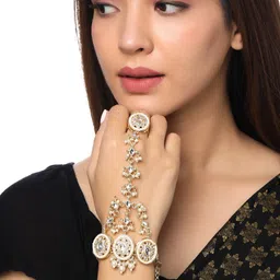 Yellow Chimes Women Gold-Plated & White Brass Kundan Ring Bracelet-picture-26