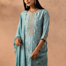 Libas Blue & Gold-Toned Ethnic Motifs Embroidered Sequined Kurta with Trousers & Dupatta image 5