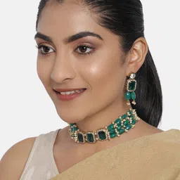 Zaveri Pearls Green Gold-Plated Stone Studded & Beaded Jewellery Set image 1