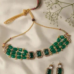 Zaveri Pearls Green Gold-Plated Stone Studded & Beaded Jewellery Set image 2