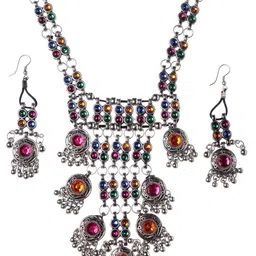 Shining Diva Oxidised Silver-Plated Pink & Orange Stone Studded Jewellery Set image 3