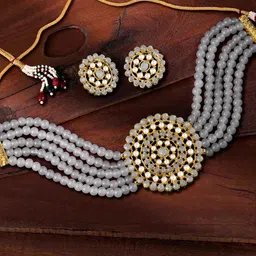 Peora Grey Gold-Plated Pearl Embellished Handcrafted Jewellery Set image 1