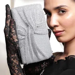 Rubans Silver Tone Crystal CZ Studded Luxury Clutch with Knot Detail and Metallic Clasp-picture-17