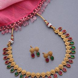 ZENEME Gold-Plated Cubic Zirconia-Studded Floral Theme Jewellery Set-picture-14