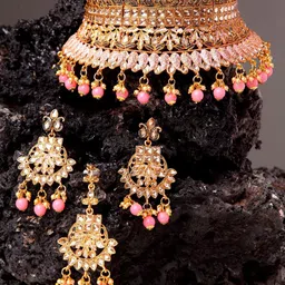 ANIKAS CREATION Gold-Plated Kundan -Studded & Beaded Necklace Earrings With Maang Tika-image-78