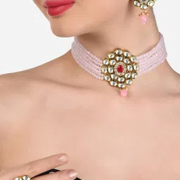 Zaveri Pearls Women Gold-Toned & Pink Kundan Studded Beaded Jewellery Set-picture-15