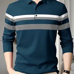 garbly Men Striped Polo Neck Cotton Blend Green T-Shirt image 3