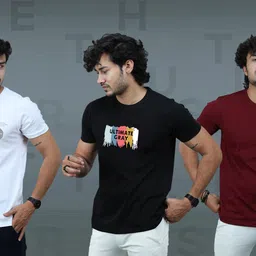 t-hustler Pack of 3 Men Graphic Print Round Neck Cotton Blend Black, Maroon, White T-Shirt-picture-33