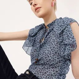 DressBerry Playful Glam Animal Skin Printed Tie-Up Neck Semi Sheer Gathers Top image 4