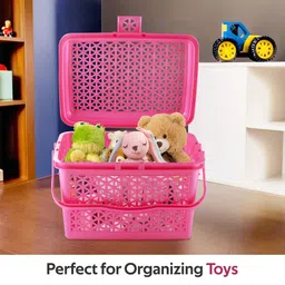 homestic Plastic Multipurpose Small Storage Box with Lid & Handle | Barbie Pink Storage Basket image 5