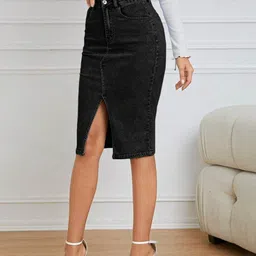 acuan Women Washed Pencil Black Skirt image 3