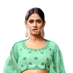 MANVAA Sea Green Embroidered Thread Work Semi-Stitched Lehenga & Unstitched Blouse With Dupatta image 2