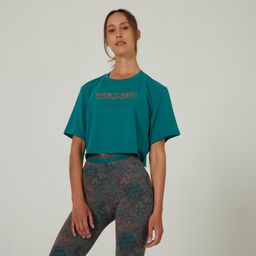 domyos Women Gym Cotton Blend Cropped T-Shirt 520- Green Print-picture-27
