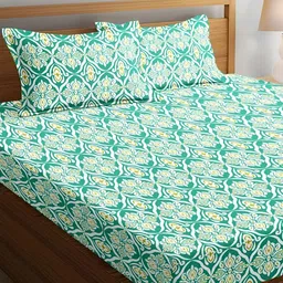 Aurave Green & White Ethnic Motifs Fitted 144 TC King Bedsheet with 2 Pillow Covers-picture-26